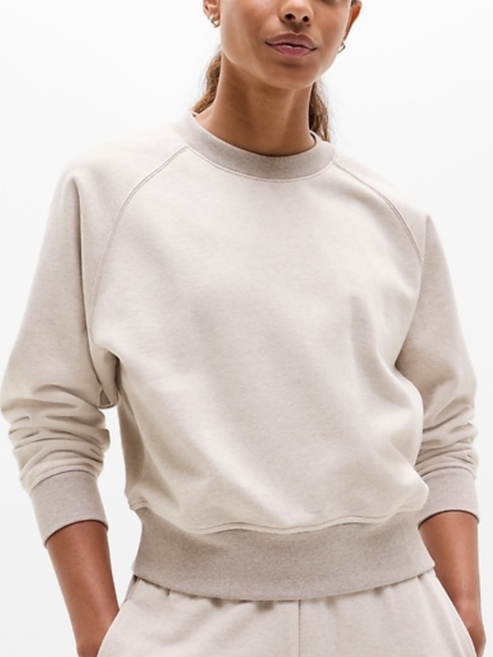 Athleta Forever Fleece Relaxed Crew Sweatshirt in Two-Tone Beige Heather, S